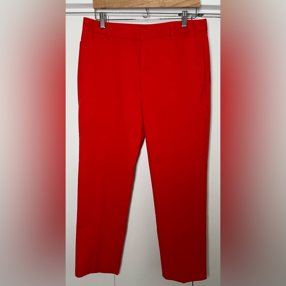 Slim cropped red-orange dress pants from the Gap.